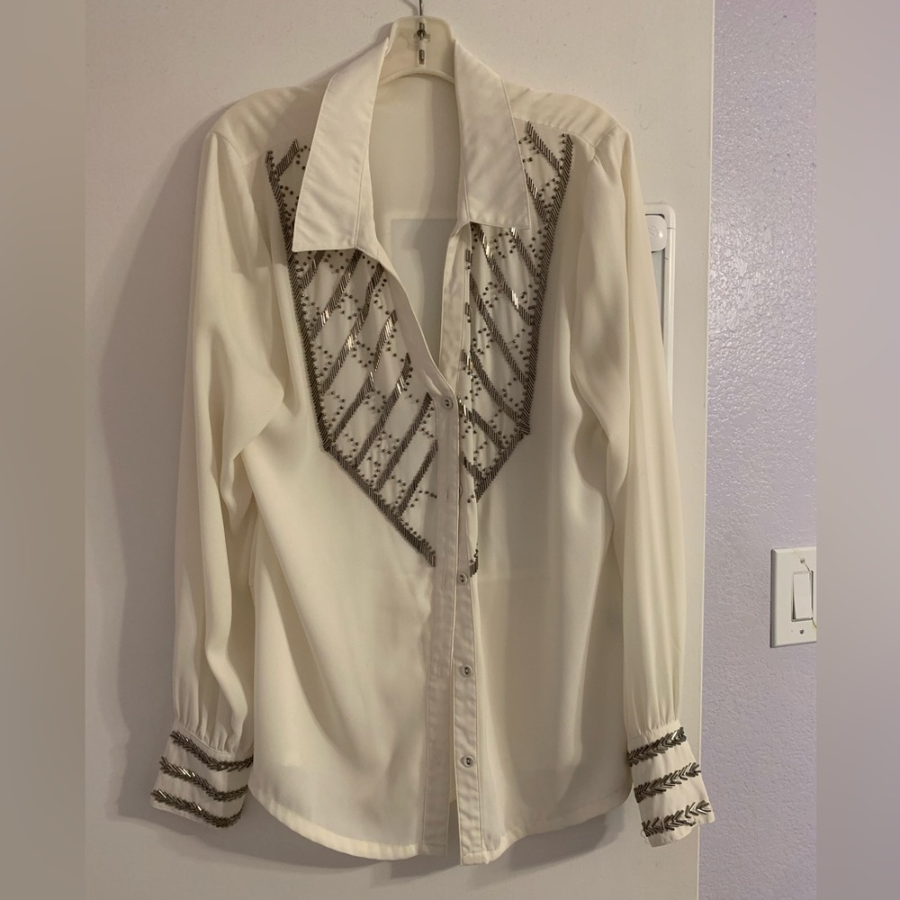 Beige LA Made Blouse with silver beading